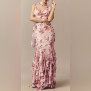 BHLDN Pink Floral Ruffle Maxi Dress